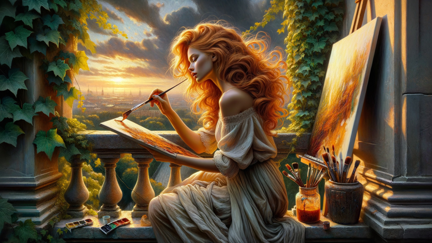 Woman with Red Hair Painting Sunset on Balcony