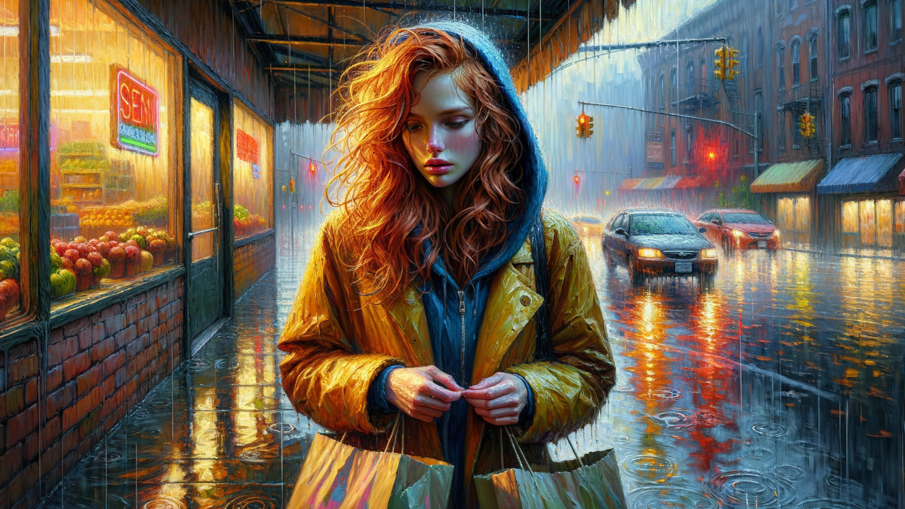 Young woman in hooded jacket holds shopping bags in rain