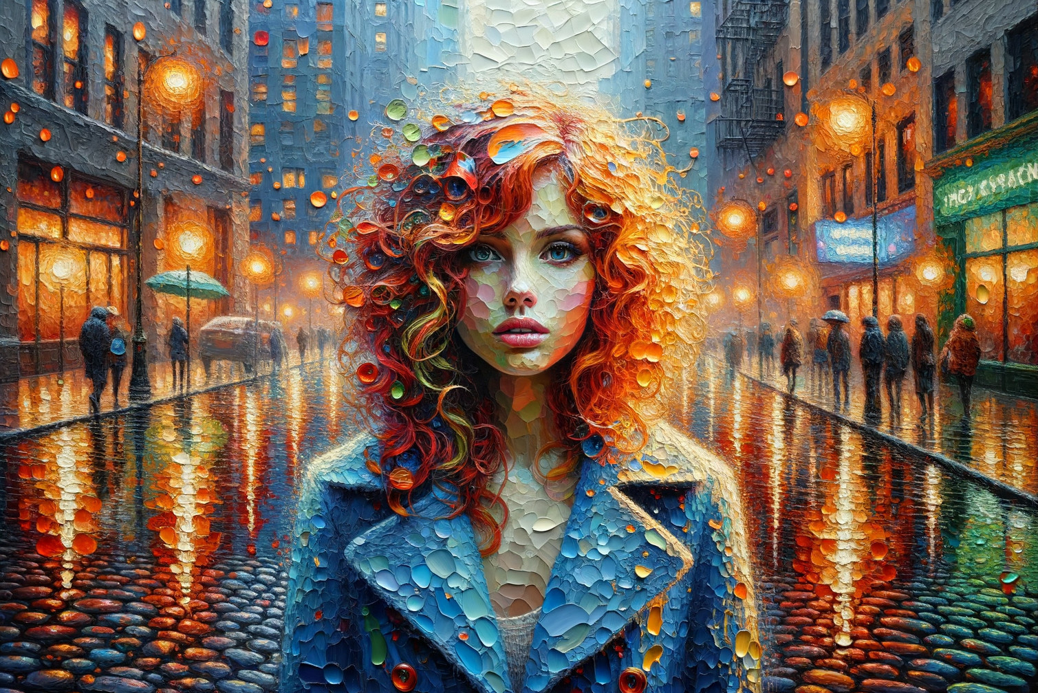 Impressionistic City Scene with Woman and Raindrops