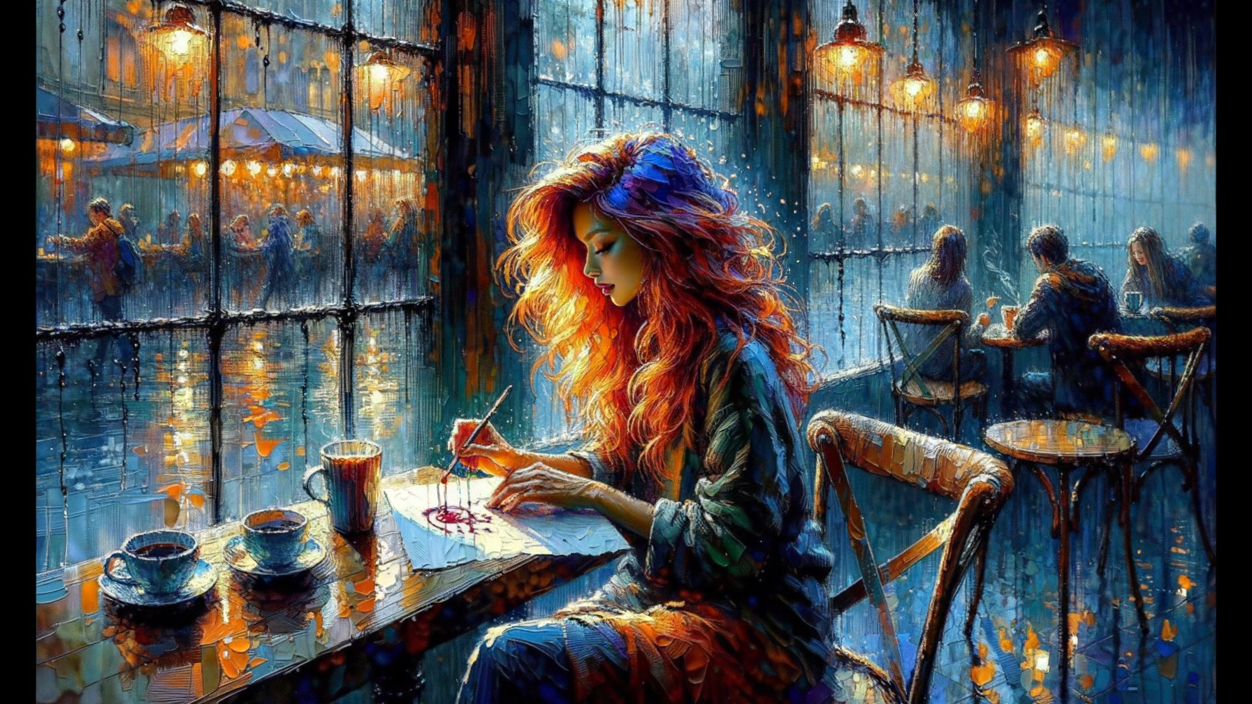 Young woman creating art in a cozy café setting