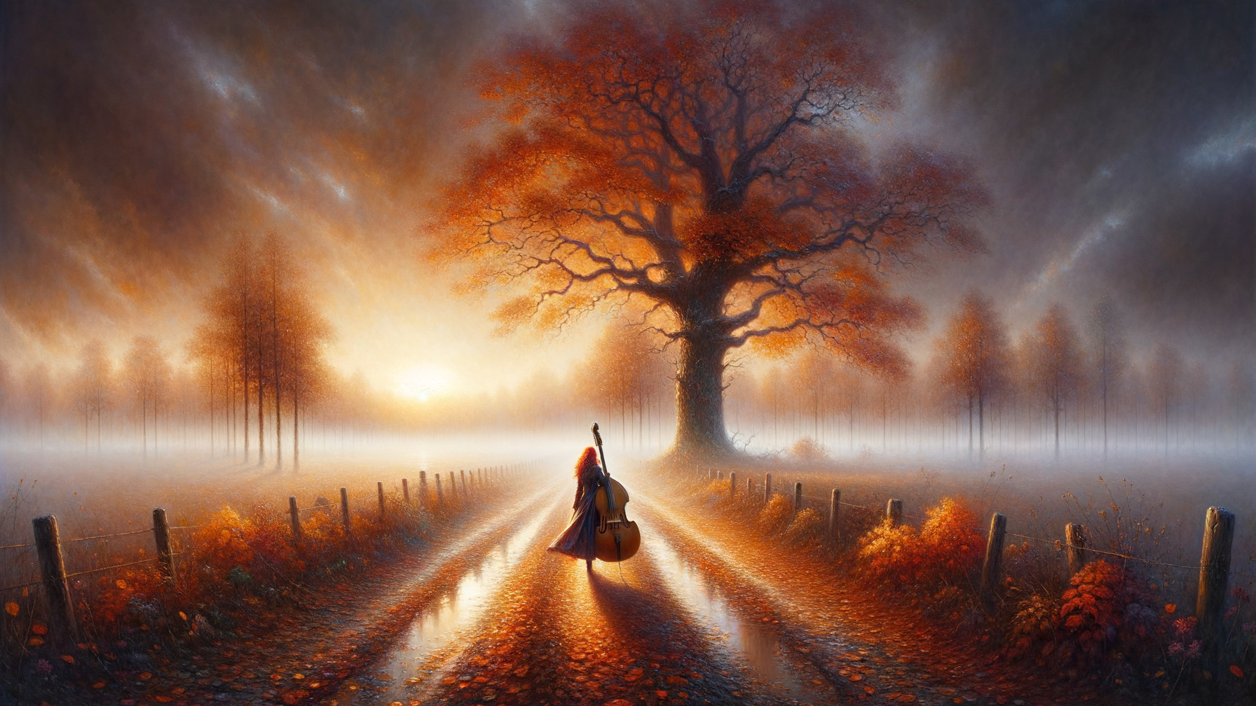 Autumn Landscape with a Figure and Cello at Sunset