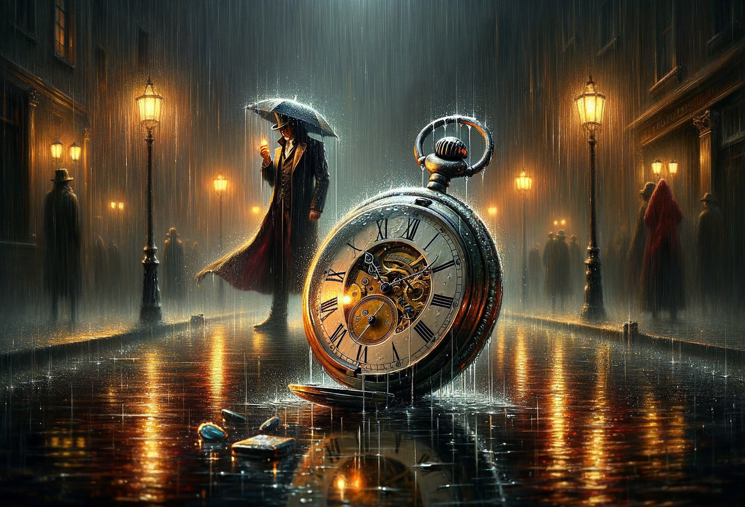 Pocket Watch on Rainy Street with Glowing Lanterns