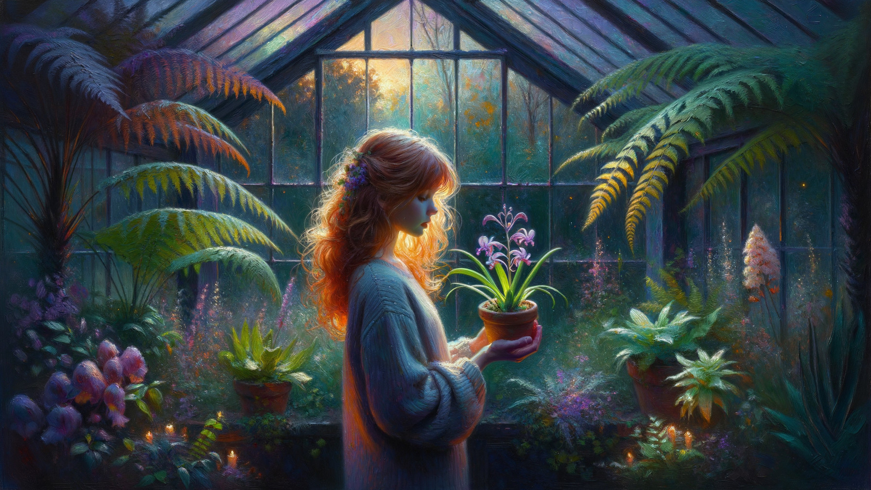 Young Girl in Greenhouse with Potted Plant and Flowers