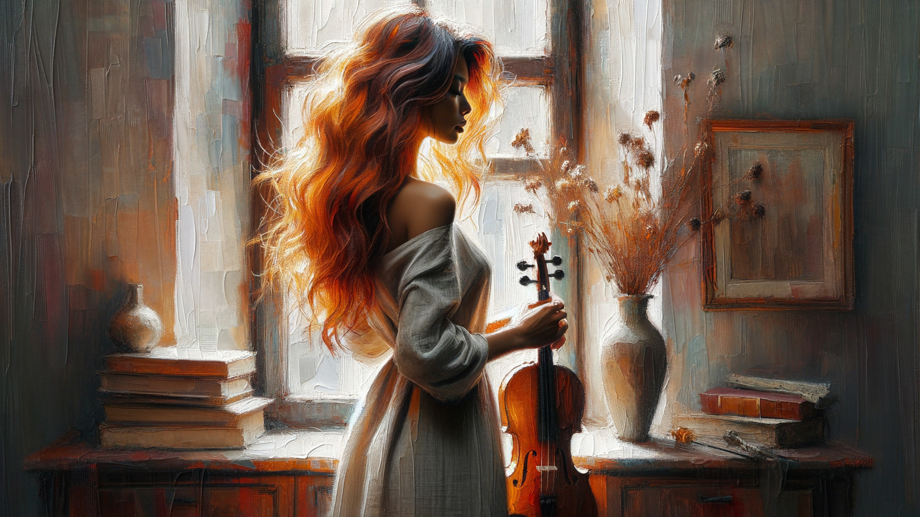 Silhouette of a Woman with Violin by Sunlit Window