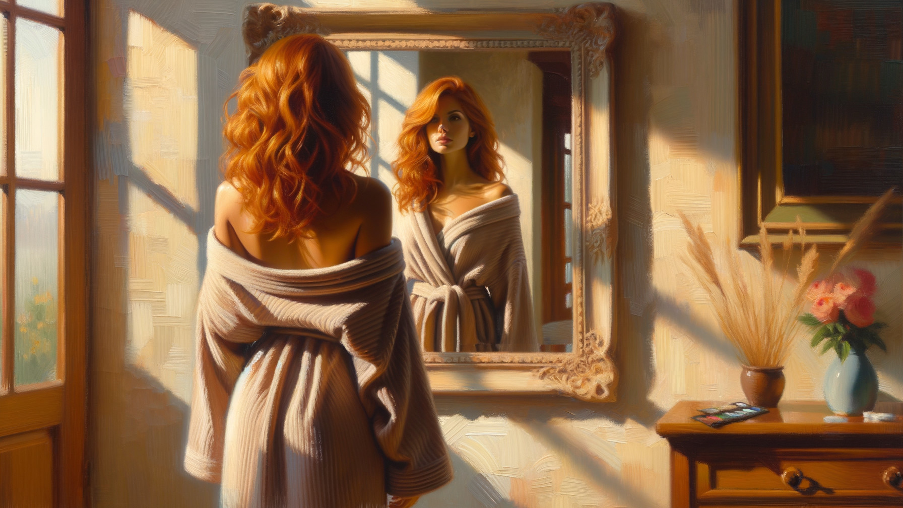 Woman with Red Hair in a Cozy Room with Mirror