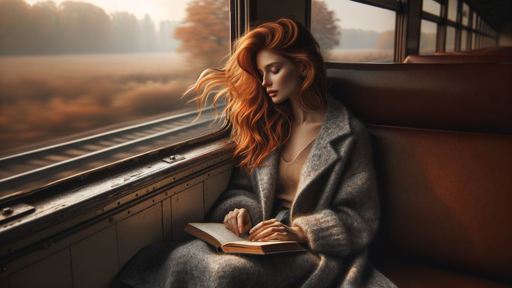 Woman Reading in Cozy Train Carriage at Sunset