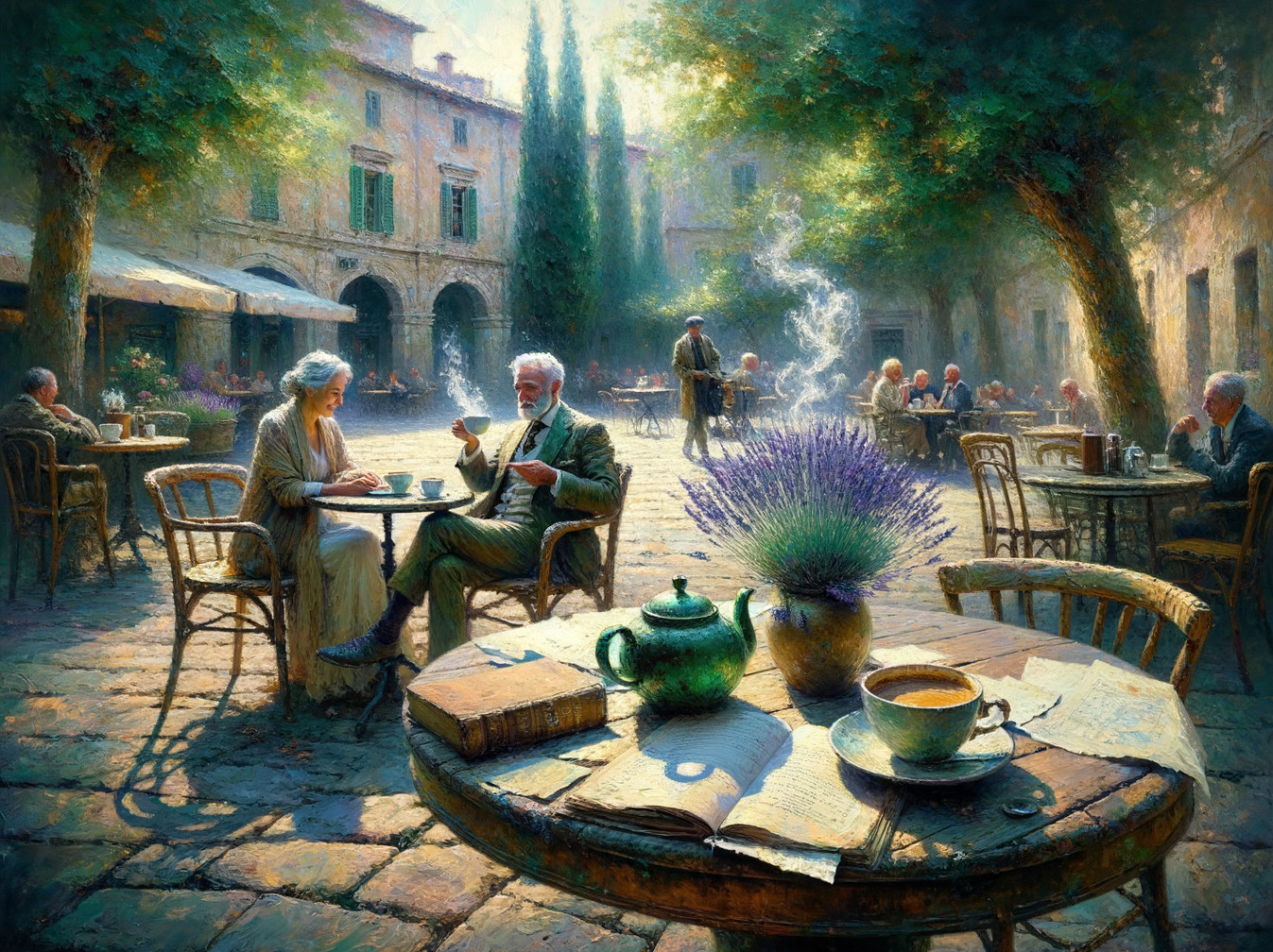 Relaxing Plaza Scene with Tea and Lush Greenery