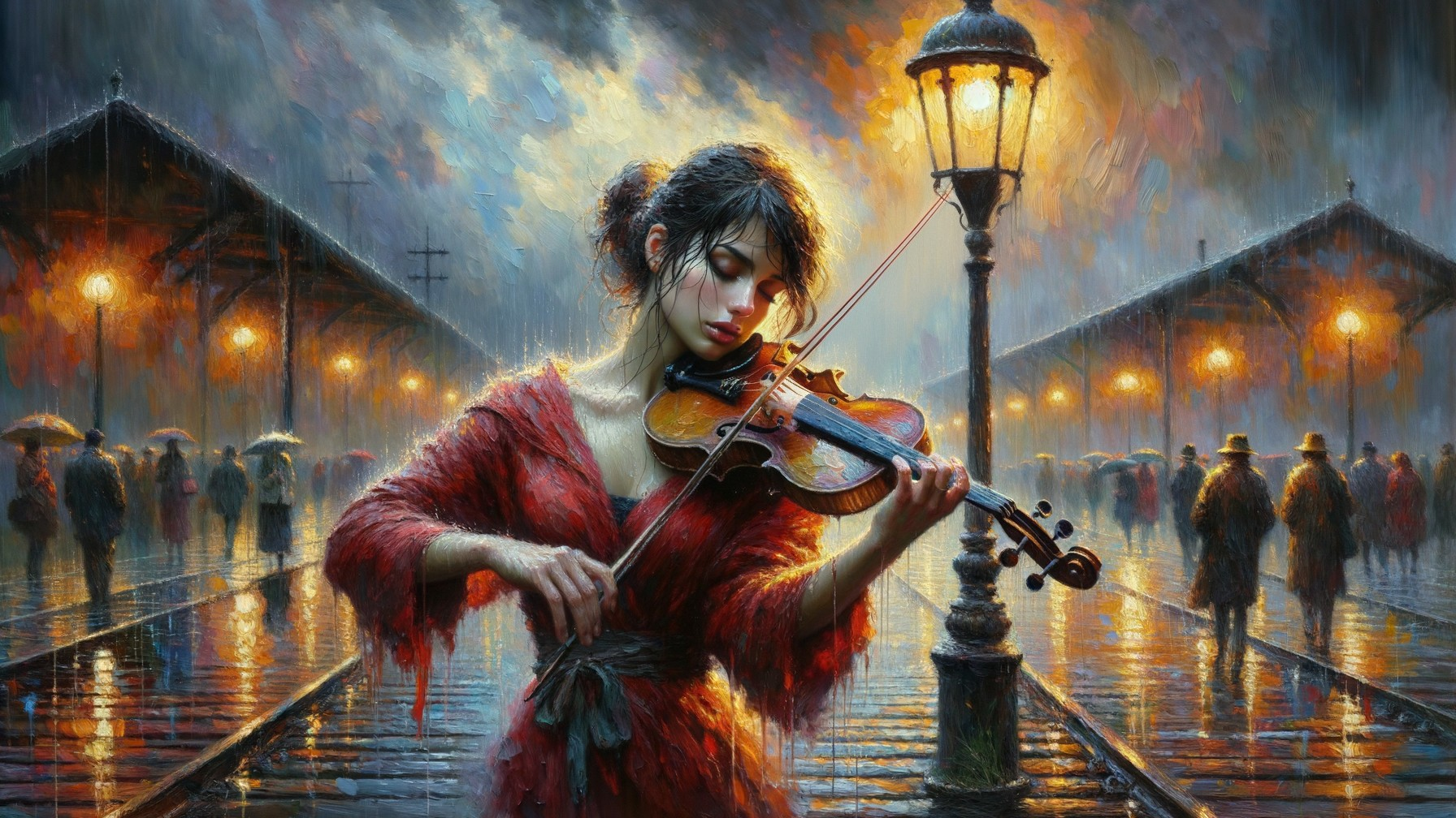 Young Woman in Red Dress Plays Violin at Train Station
