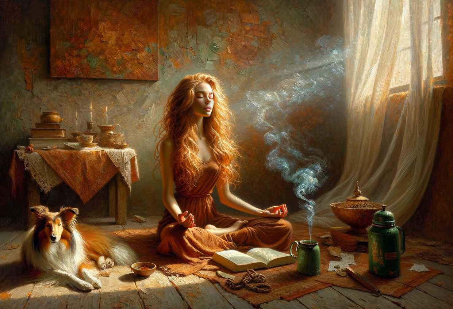 Meditation Scene in a Rustic Room with Collie and Candles