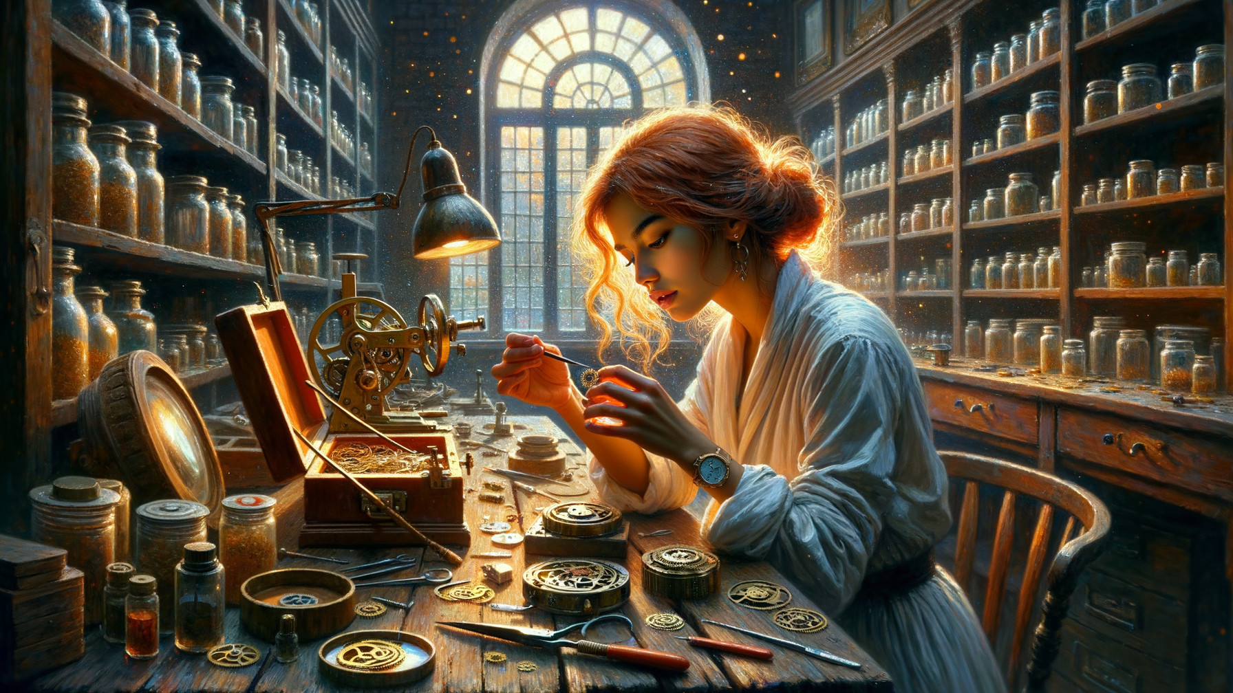Cozy Workshop with Clockwork Mechanisms and Tools