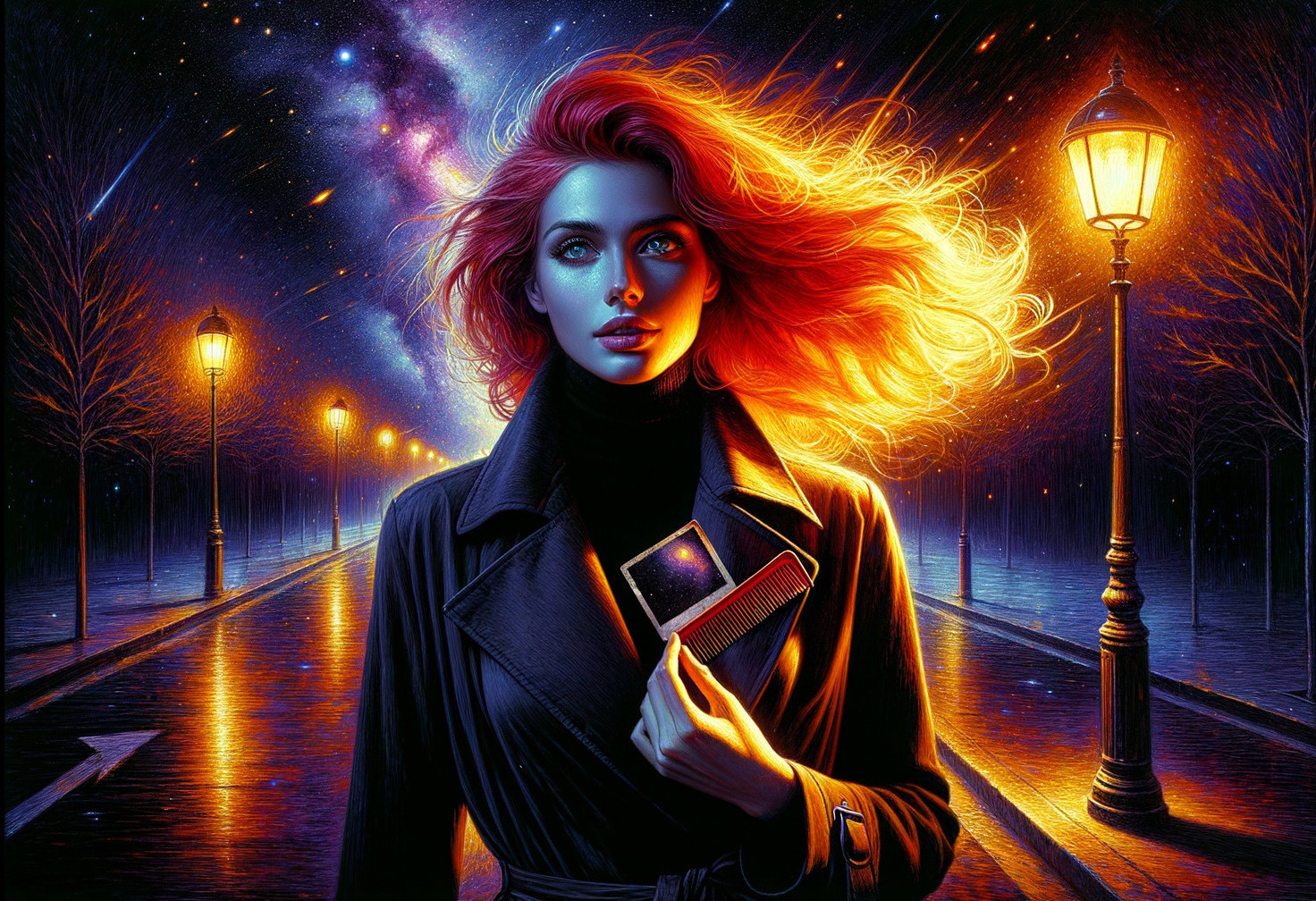 Woman with Red Hair on Moonlit Street with Galaxy Background