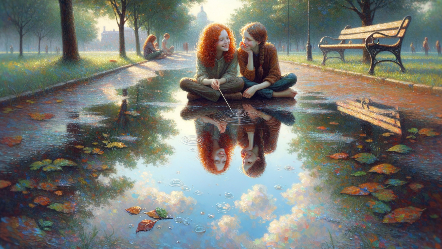 Young girls by a park puddle with autumn scenery