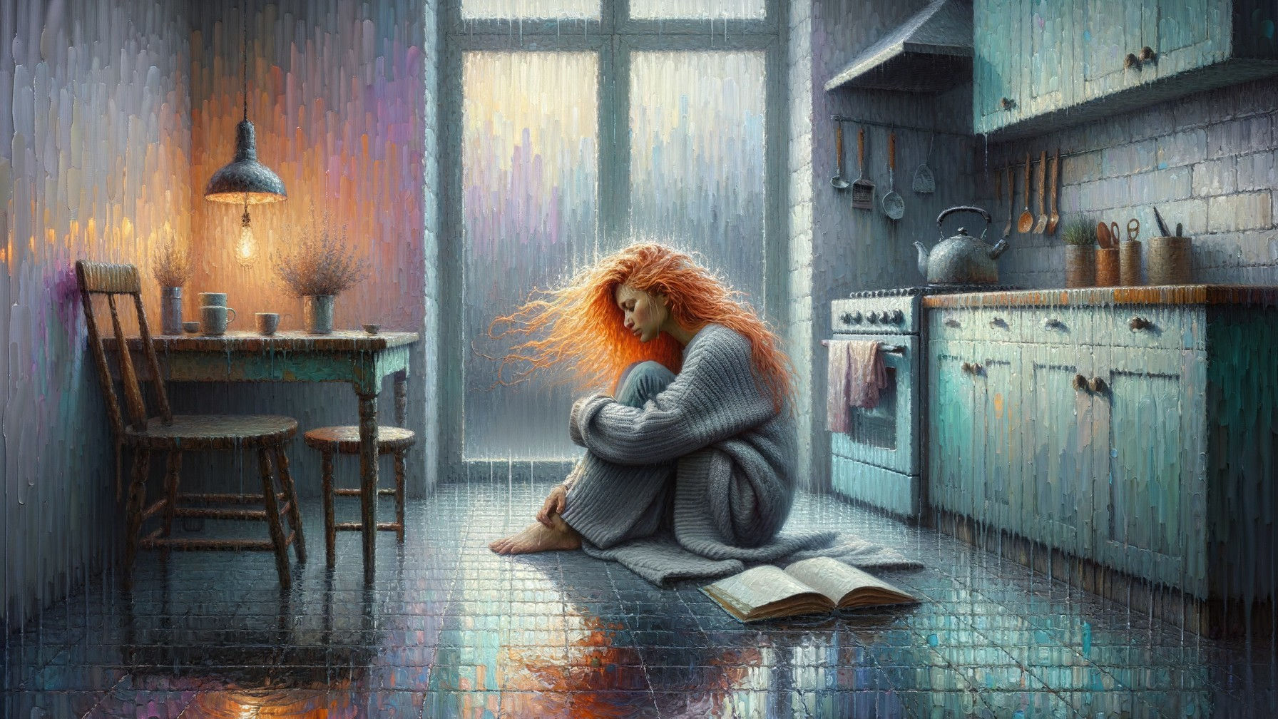Cozy Kitchen Scene with Young Woman and Book