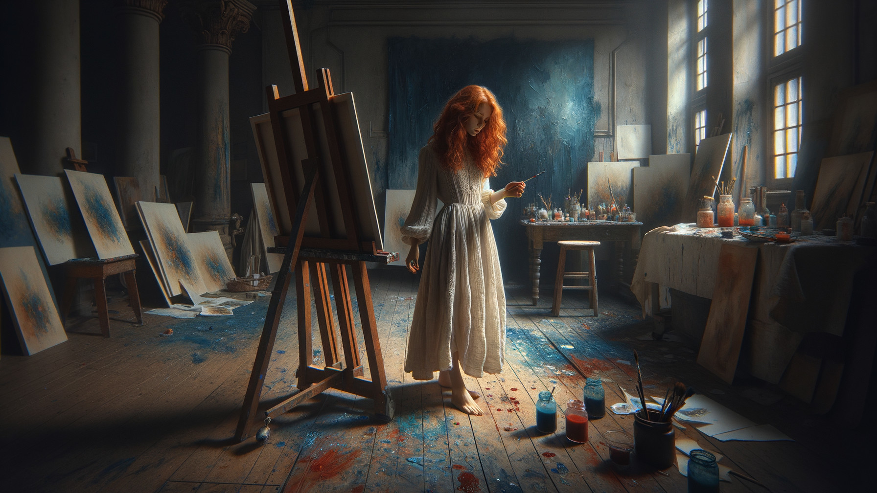 Young Woman in White Dress in Artist's Studio