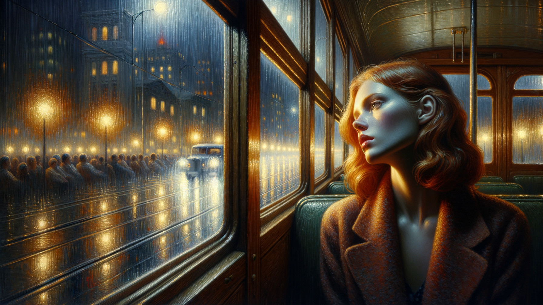 Young Woman on Tram Gazing at Rainy Cityscape