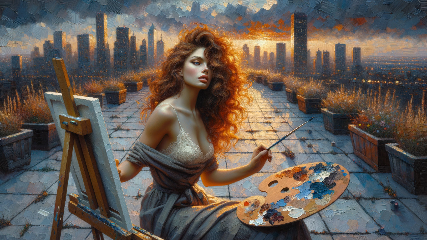 Young woman with red hair painting at sunset rooftop