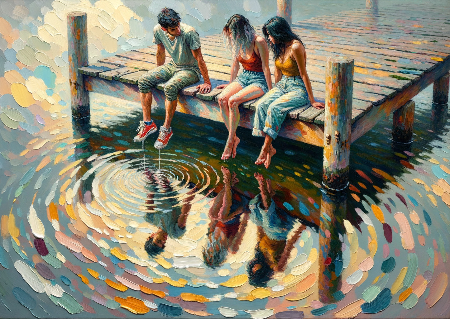 Three Figures on Rustic Dock Overlooking Water