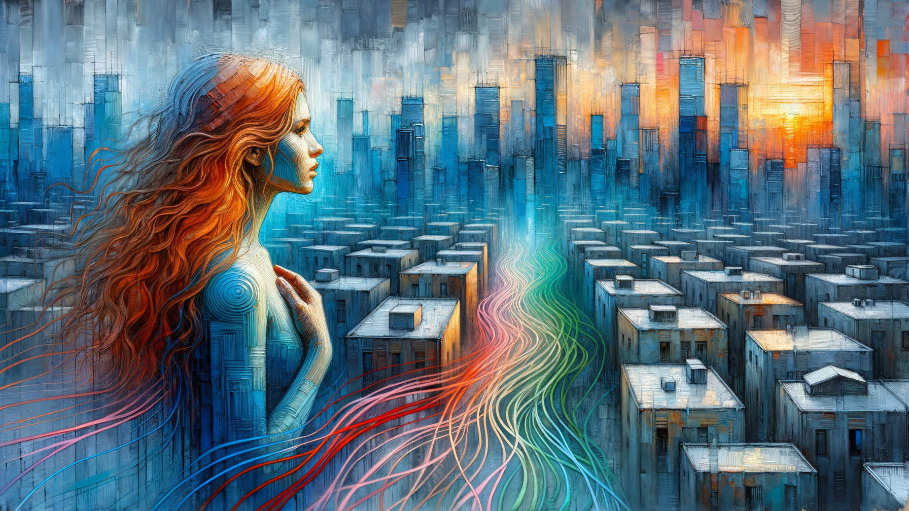 AI-Generated Painting of Female Figure with City Sunset