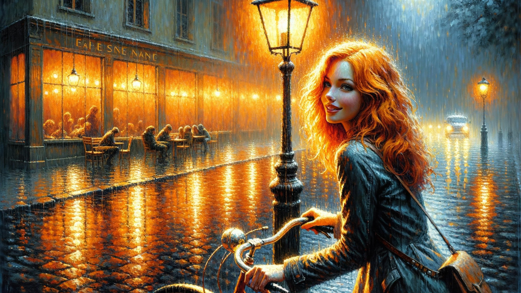 Vibrant Rainy Street Scene with Bicycle and Café Lights
