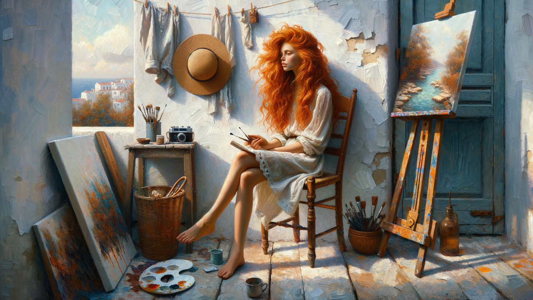 Serene artist's studio with vibrant decor and light