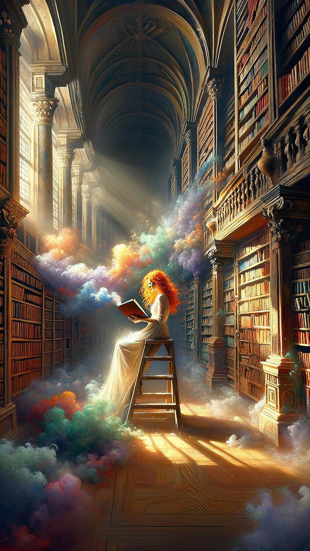 Ethereal Library Scene with Woman and Dreamlike Mist