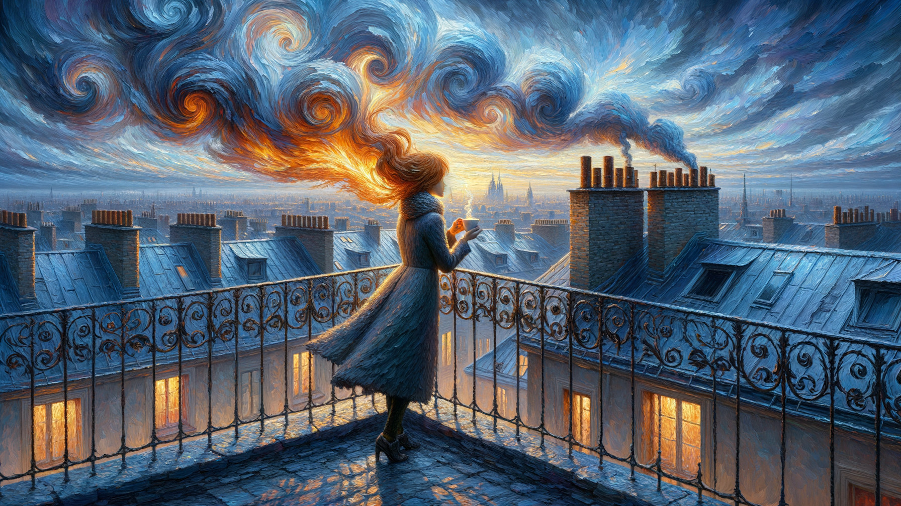 Woman on Balcony Overlooking Vibrant Sunset Cityscape