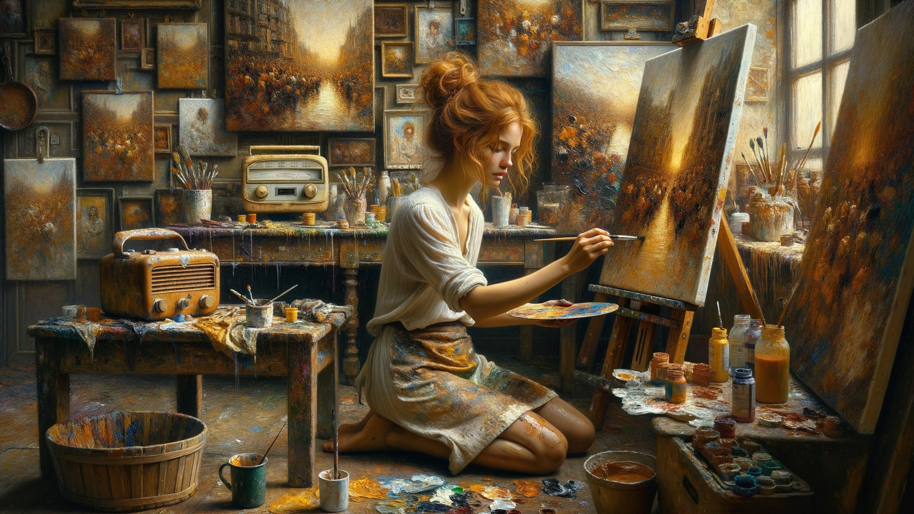 Young Woman Painting in Vibrant Artist's Studio
