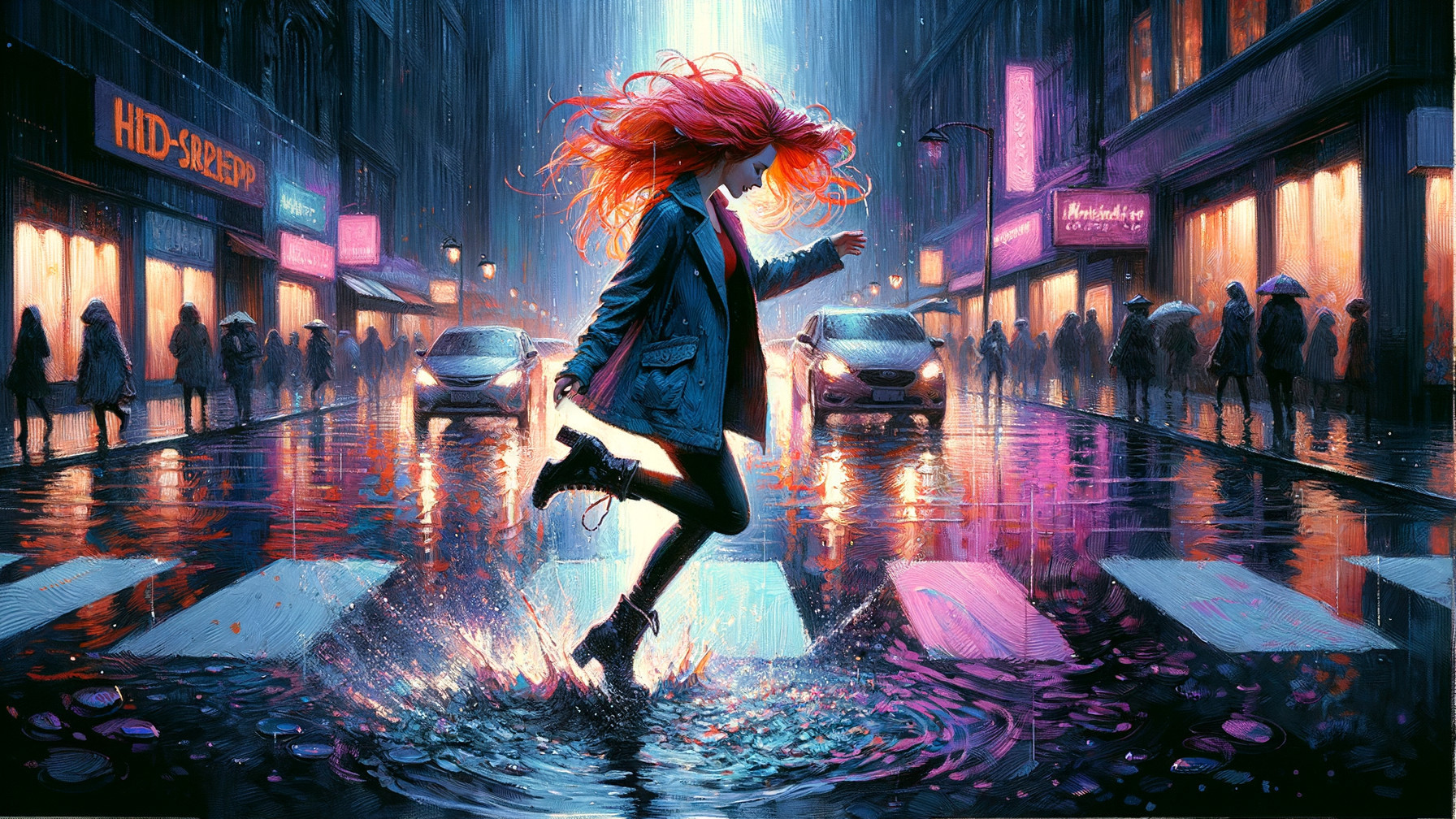 Joyful Splashing in a Neon Rainy City