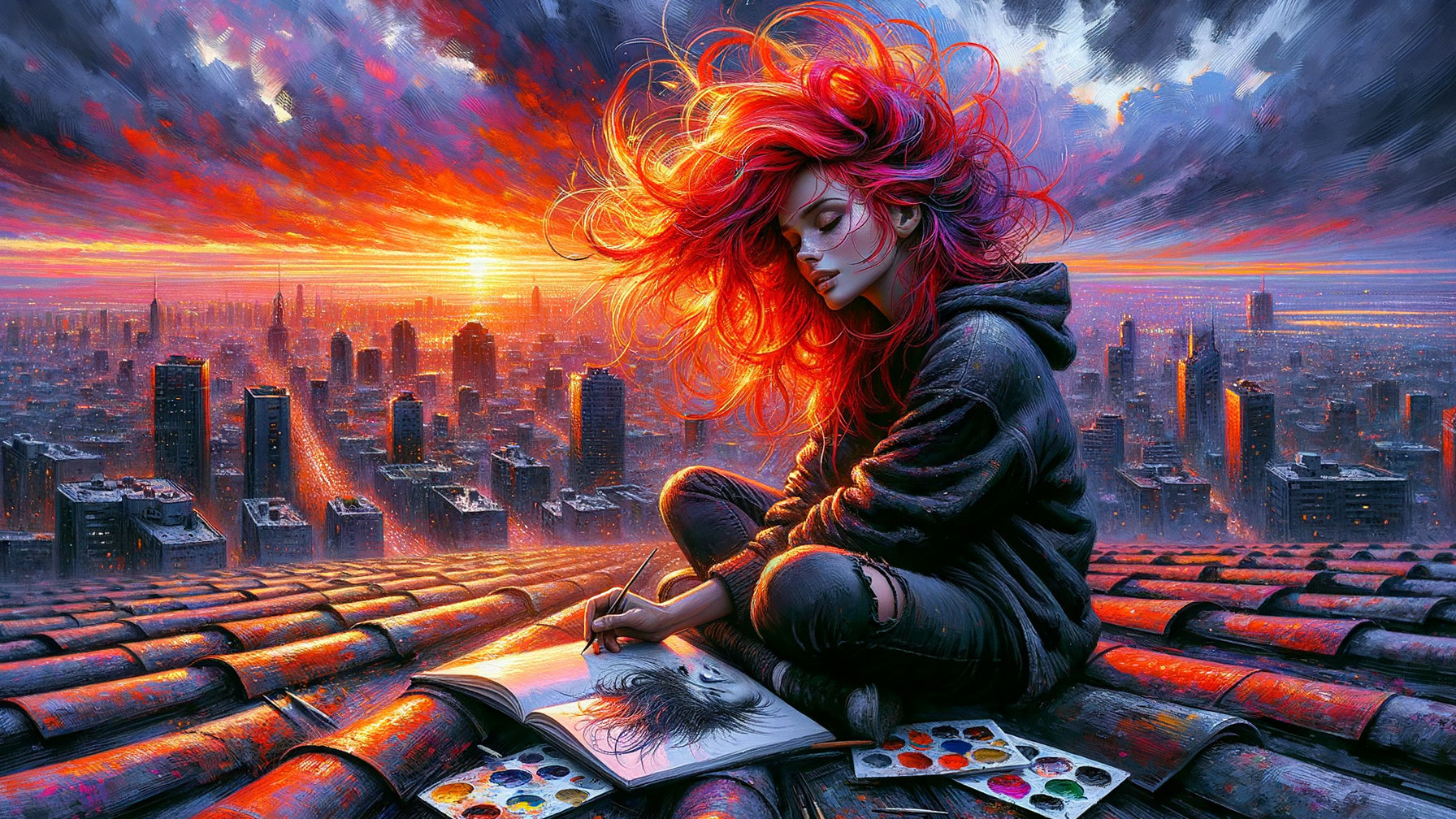 Rooftop Artist Sketching at Sunset with City Skyline