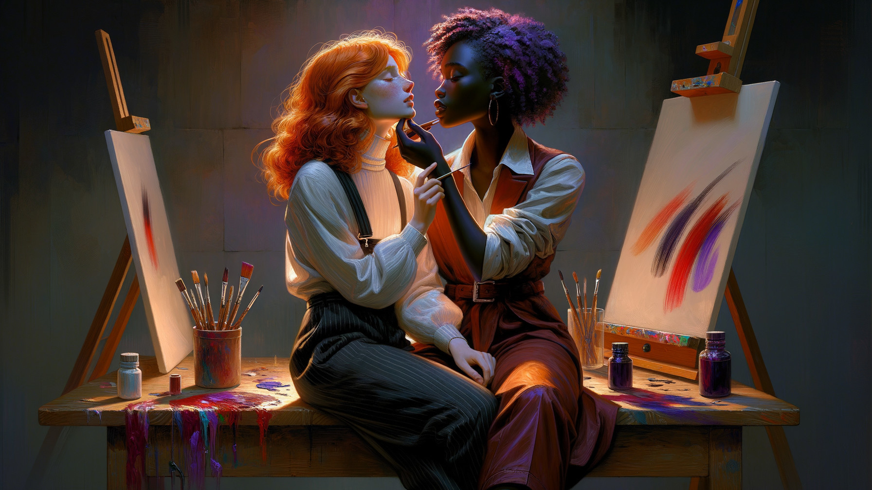 Intimate Moment in a Vibrant Artist's Studio