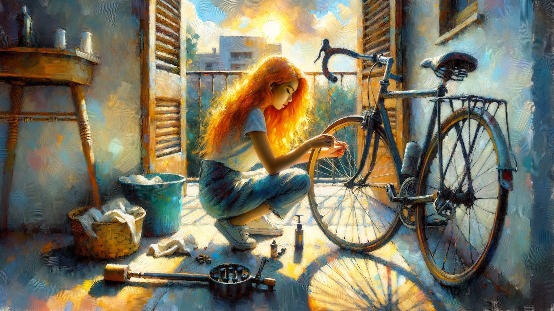 Young Woman Fixing Bicycle in Sunlit Room