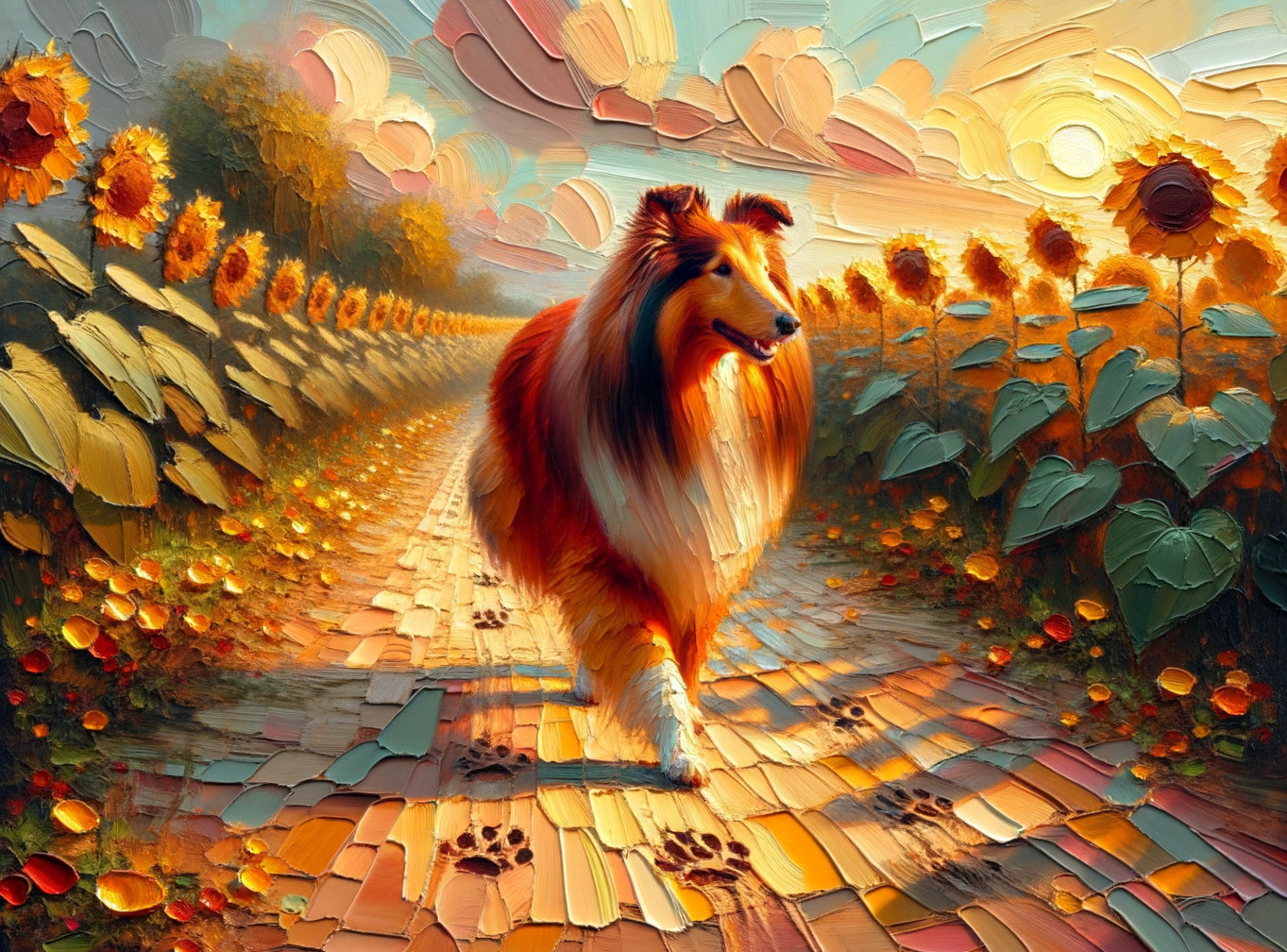 Golden dog on sunlit path with vibrant sunflowers