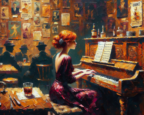 Red-haired Woman Playing Piano in Dimly Lit Bar