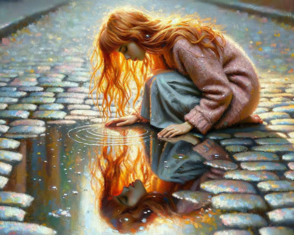 Young girl with red hair gazes into a puddle