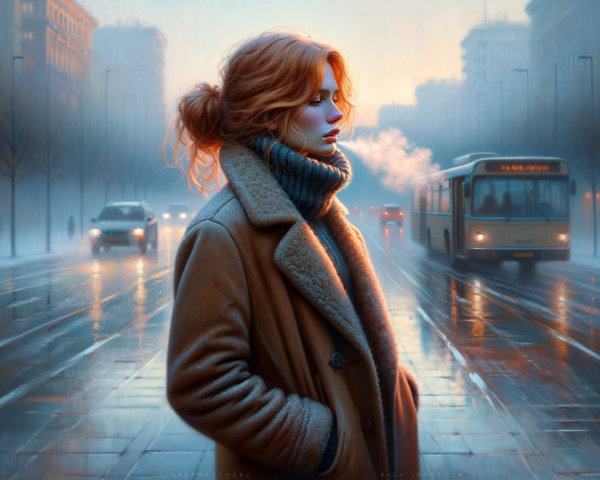 Realistic Painting of Red-Headed Woman at Dusk