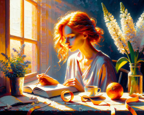 Young Woman Writing in Sunlit Cozy Setting