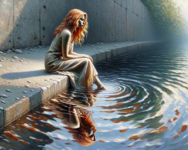 Young woman by tranquil waterway with flowing hair