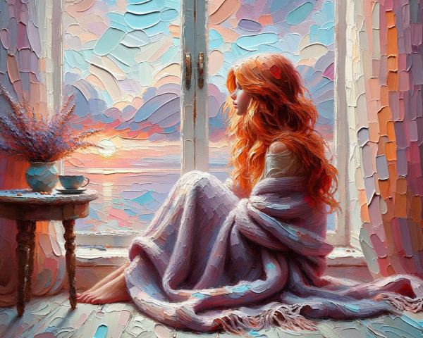 Young woman by window enjoying sunset and tranquility