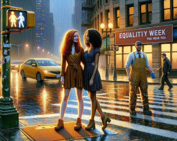Urban Scene with Women, Taxi, and Equality Banner