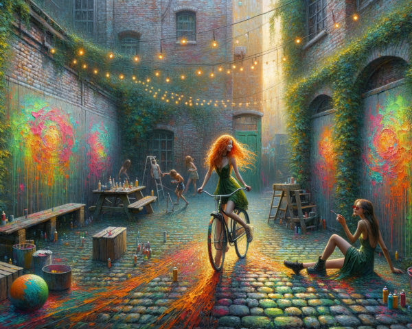 Vibrant Alleyway Scene with Murals and Bicycles