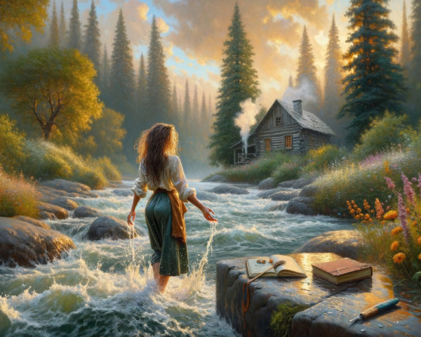 Woman Wading Through Stream in Serene Landscape