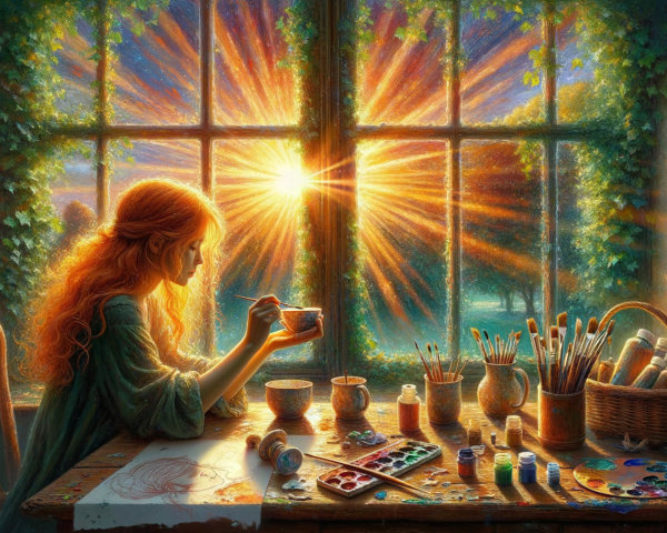 Young Woman at Rustic Table with Art Supplies