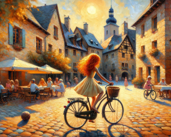 Sunlit Village Scene with Cobblestone Streets and Diners