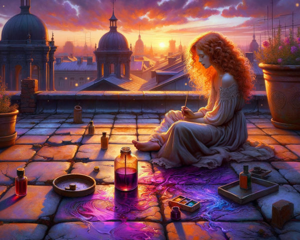 Young Woman Mixing Colors on Rooftop at Sunset