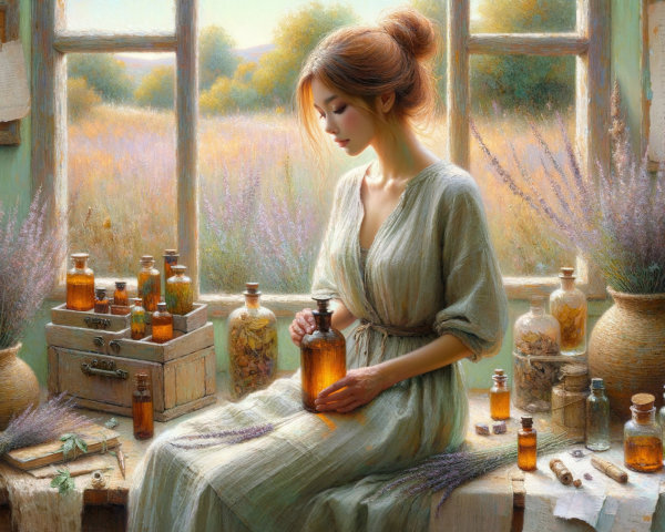 Young Woman by Window with Herbal Bottles and Sunlight