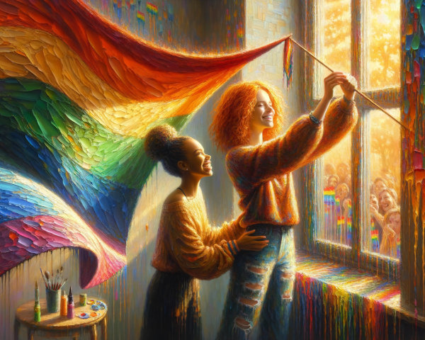 Colorful Impasto Painting of Rainbow Flag and Crowd