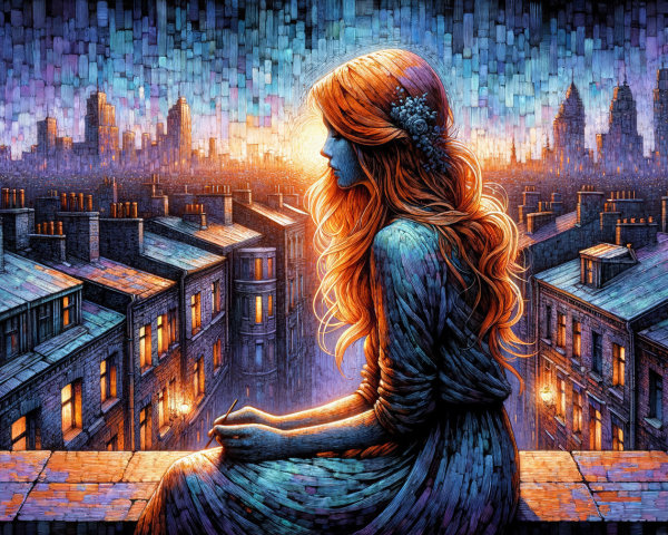 Young woman with red hair on rooftop at sunset