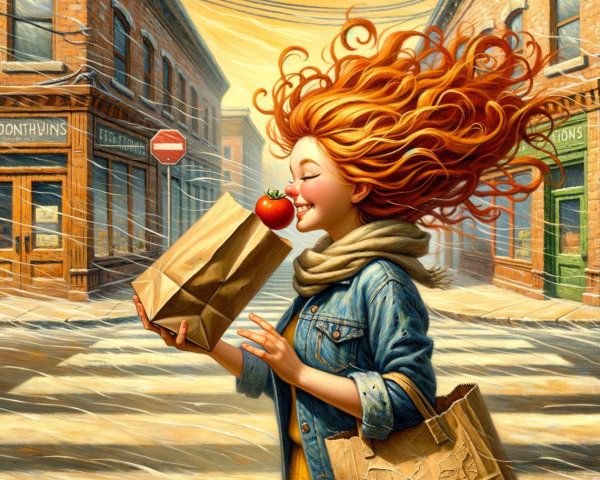 Joyful girl with red hair running on a quaint street