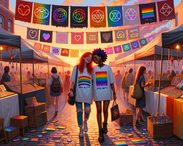 Women Walking Hand in Hand at Outdoor Market