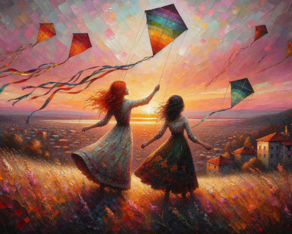 Joyful women with kites on a vibrant sunset hillside